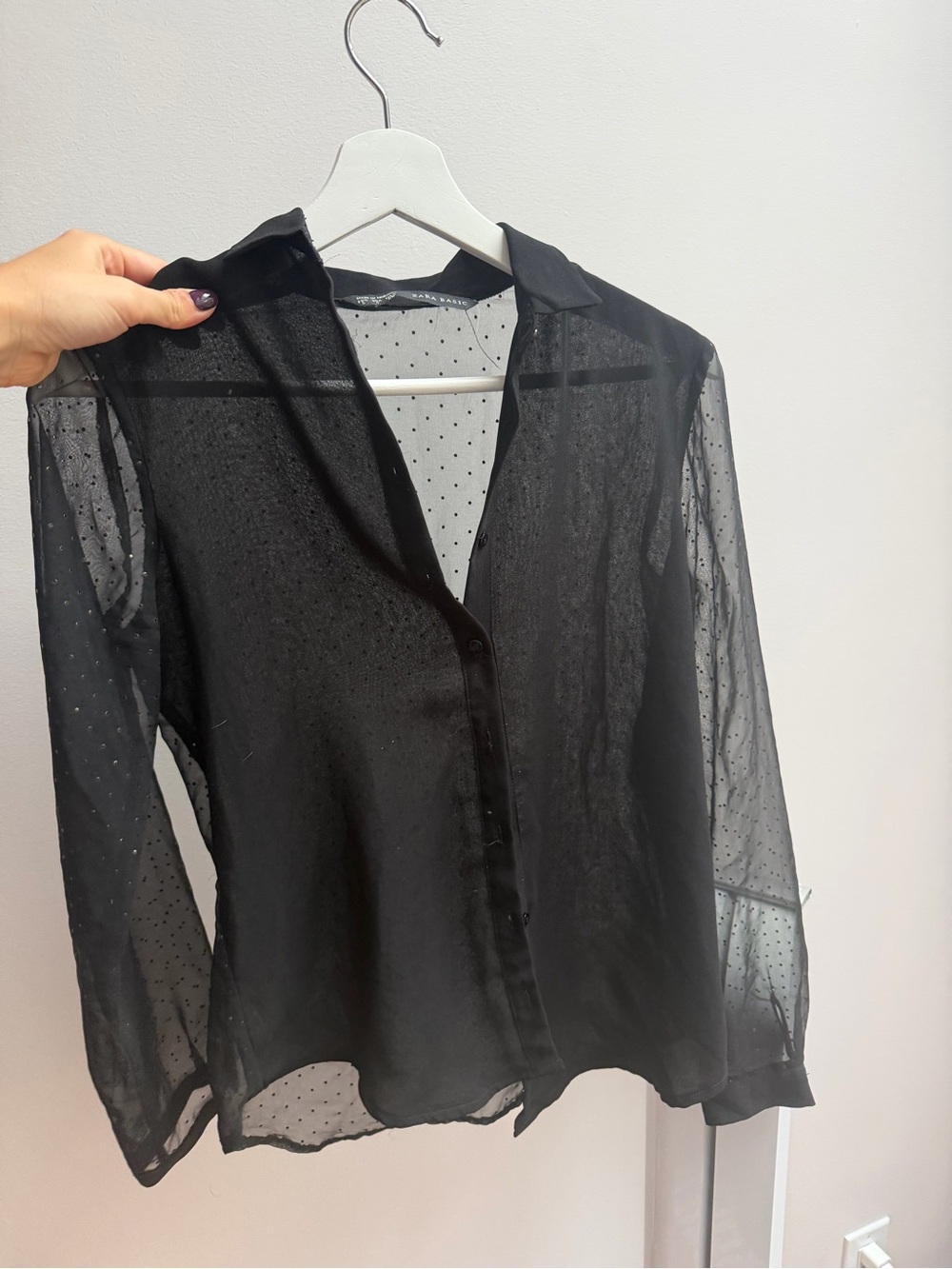 Zara Sheer Black Dotted Button-Down Blouse